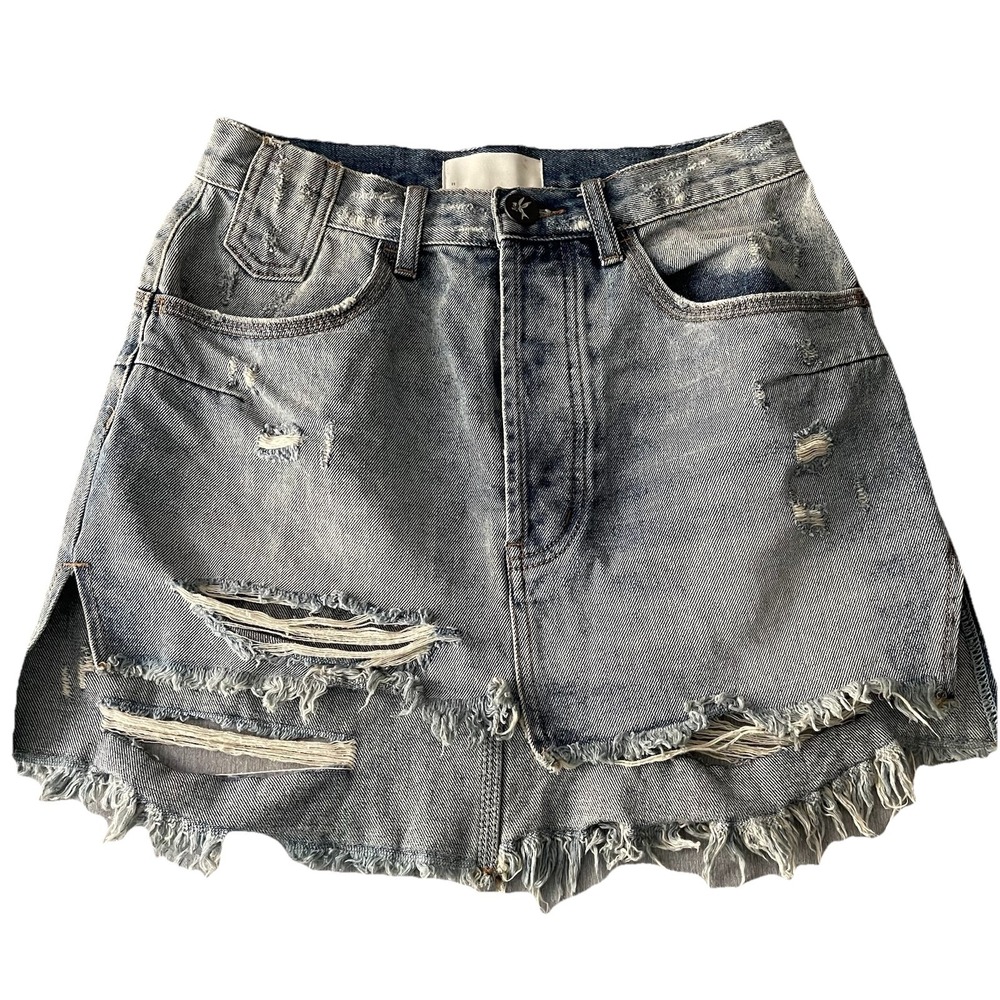 One‎ Teaspoon Vanguard Mid Waist Denim Mini Skirt Size 26 Relaxed Fit Distressed